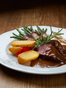 Tender beef dish with potatoes and rosemary garnish
