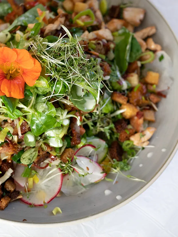 Frischer Salat mit Kräutern, Radieschen, Croutons und essbaren Blüten.